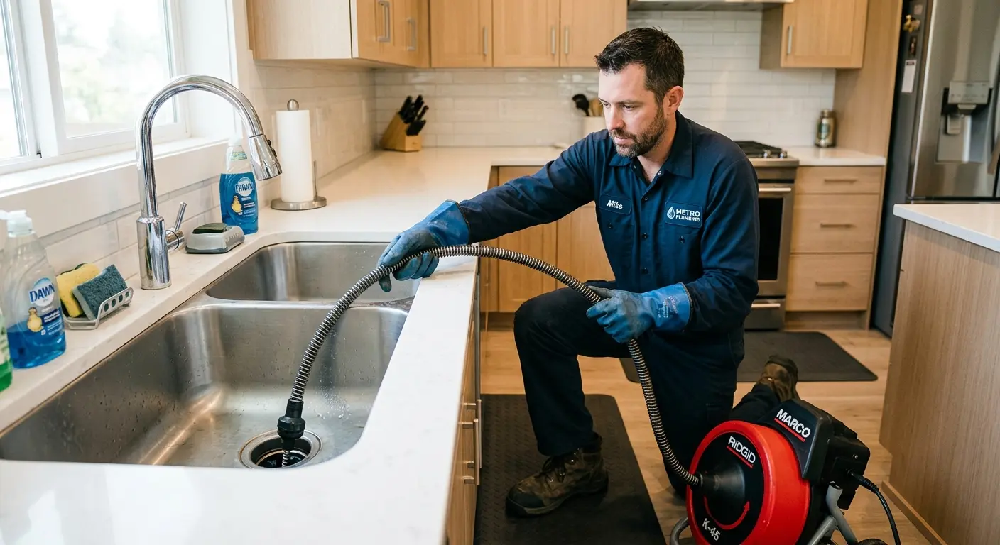 Drain cleaning technician using a motorized snake on a kitchen sink in Desert Hot Springs