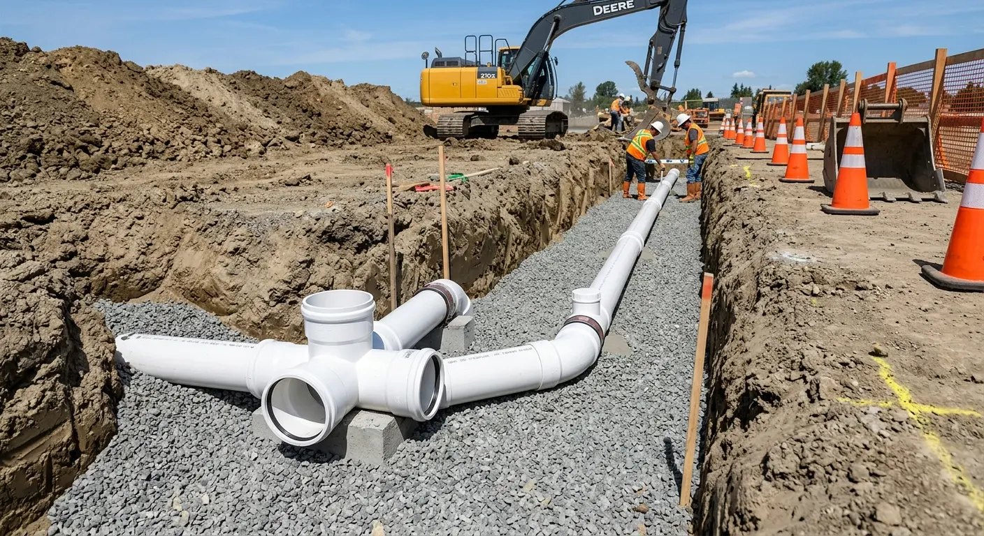 New PVC sewer pipe installation in open trench for Commercial Drain Cleaning in Desert Hot Springs
