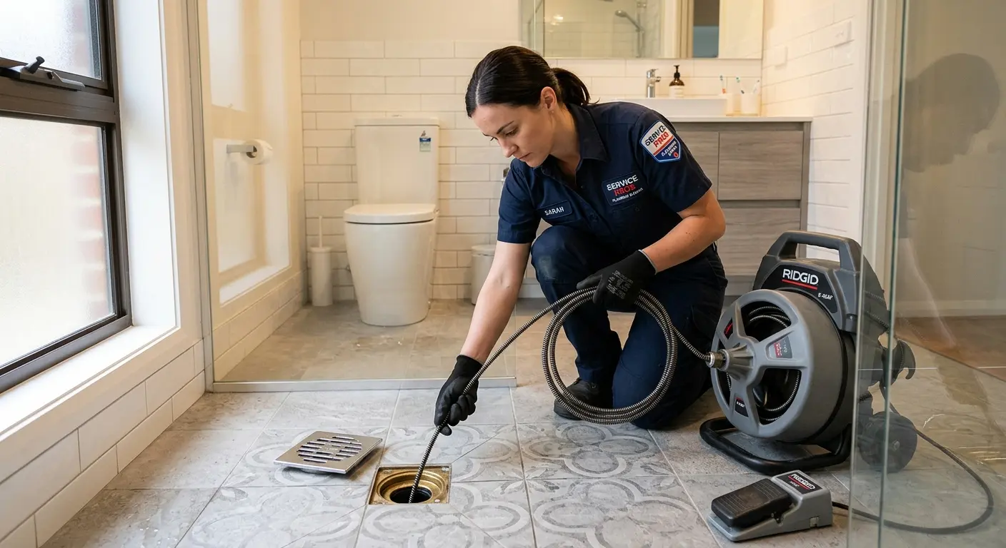 Technician clearing a bathroom floor drain for Clogged Drain Repair in Desert Hot Springs